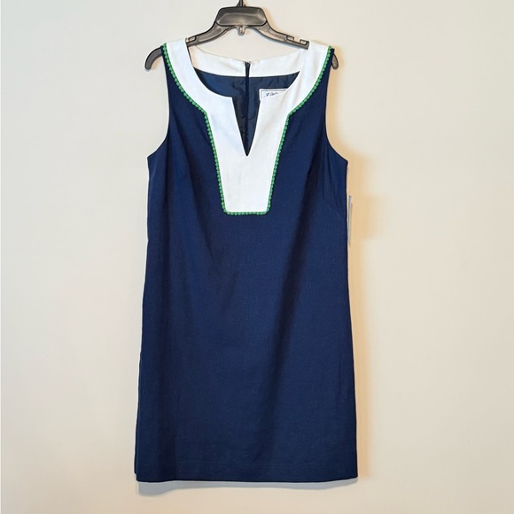 Jessica J Howard Navy Green Pom Pom Trim Linen Blend Shift Dress NWT Sz 14 - Picture 4 of 14